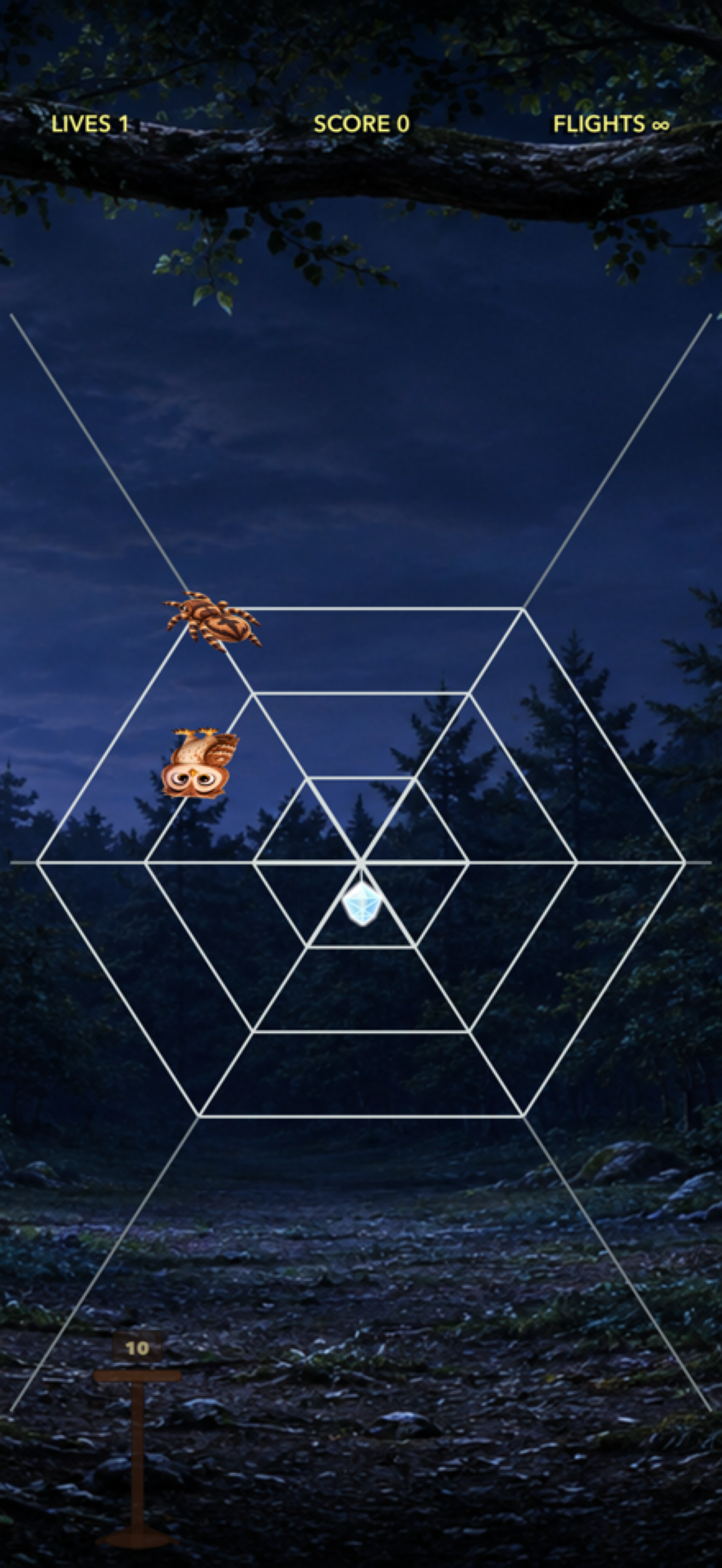 Gemma’s Gems gameplay showing an owl flying across a moonlit web towards a glowing gem while a spider approaches.