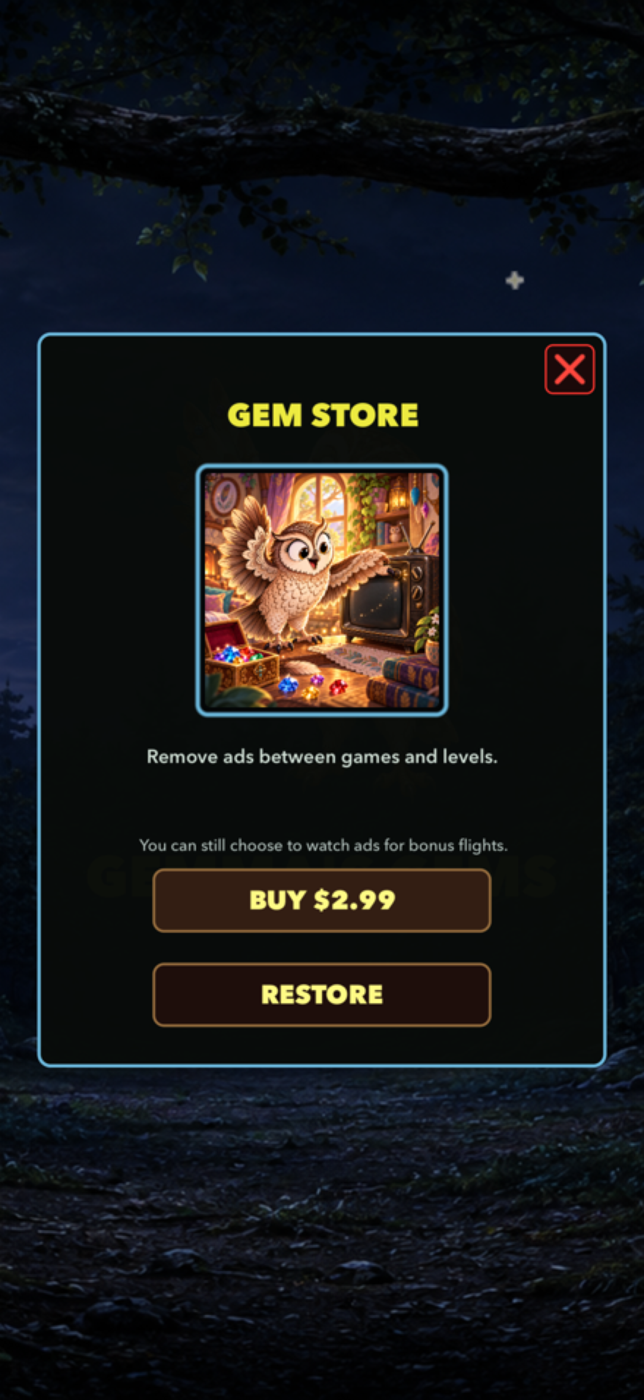 Gem Store screen showing the Remove Ads purchase.